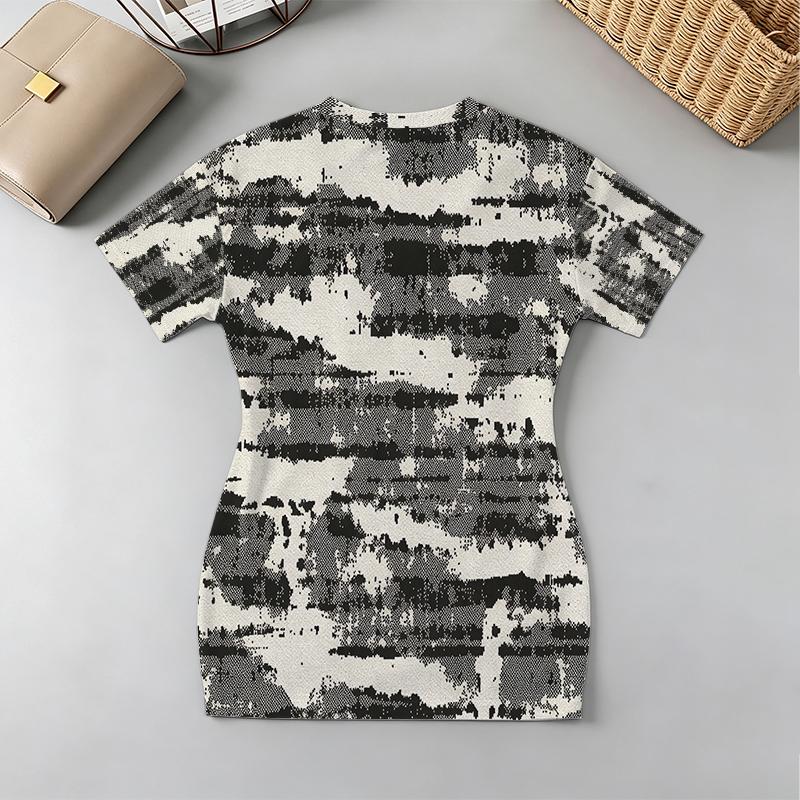V-Neck Short Sleeve Tie-Dye Bodycon Dress Ins Style, Comfortable, Casual Daily & Vacation Wear