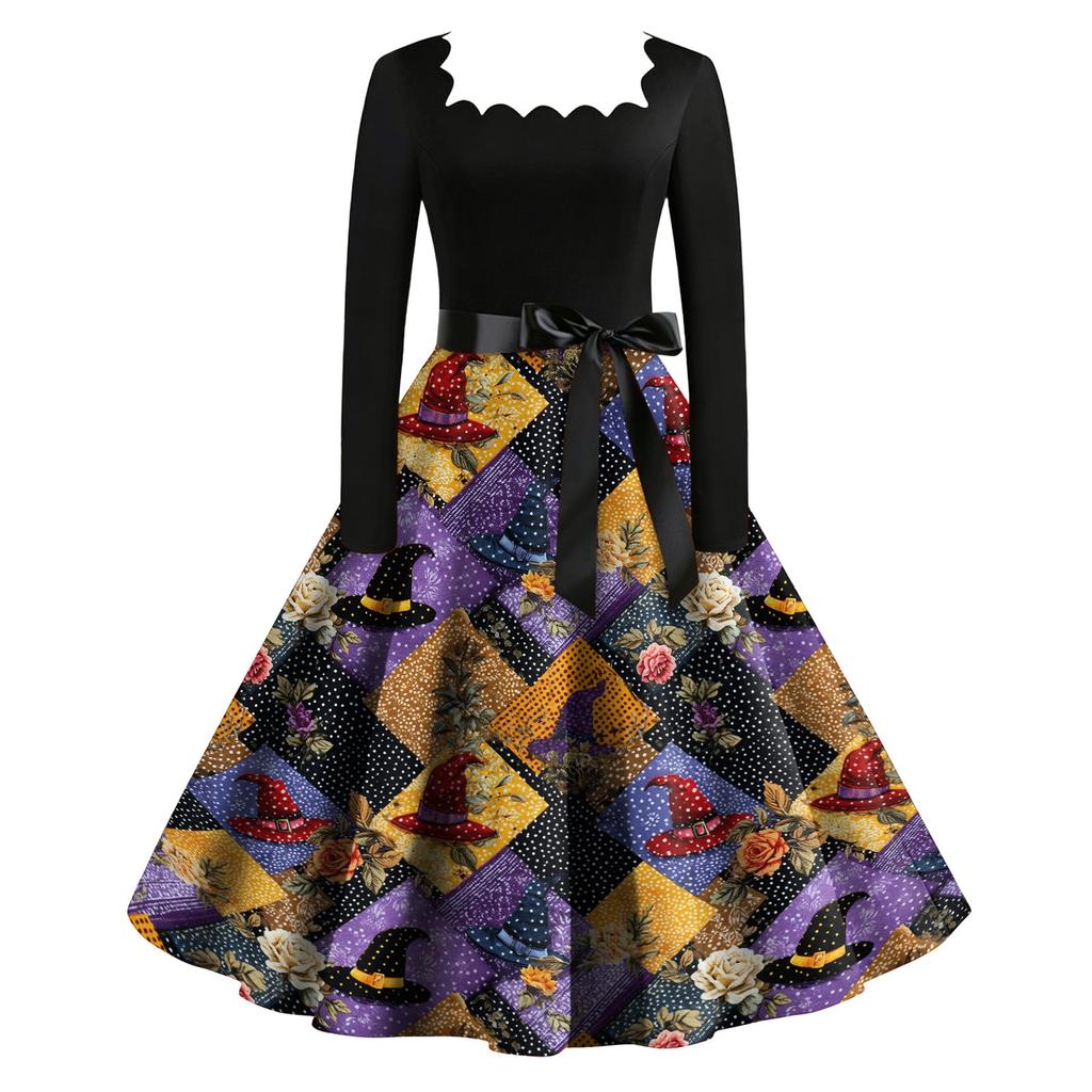 Women Vintage Long Sleeve Square Neck Dress Halloween Party Printed Full Skirt Retro Style Midi Dress with Waist Tie