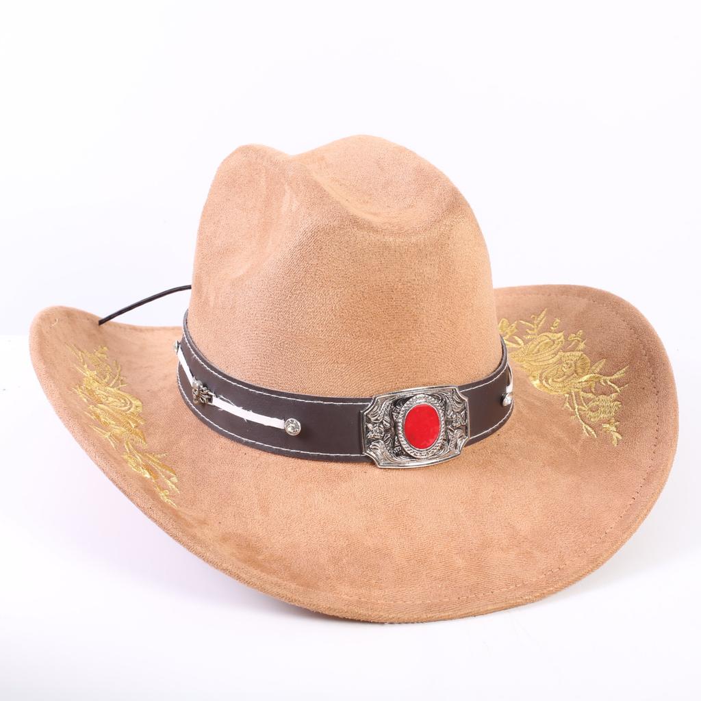 Popular European and American Classic Suede Western Cowboy Hat Men's and Women's Big Brim Embroidered Outdoor Sun Hat