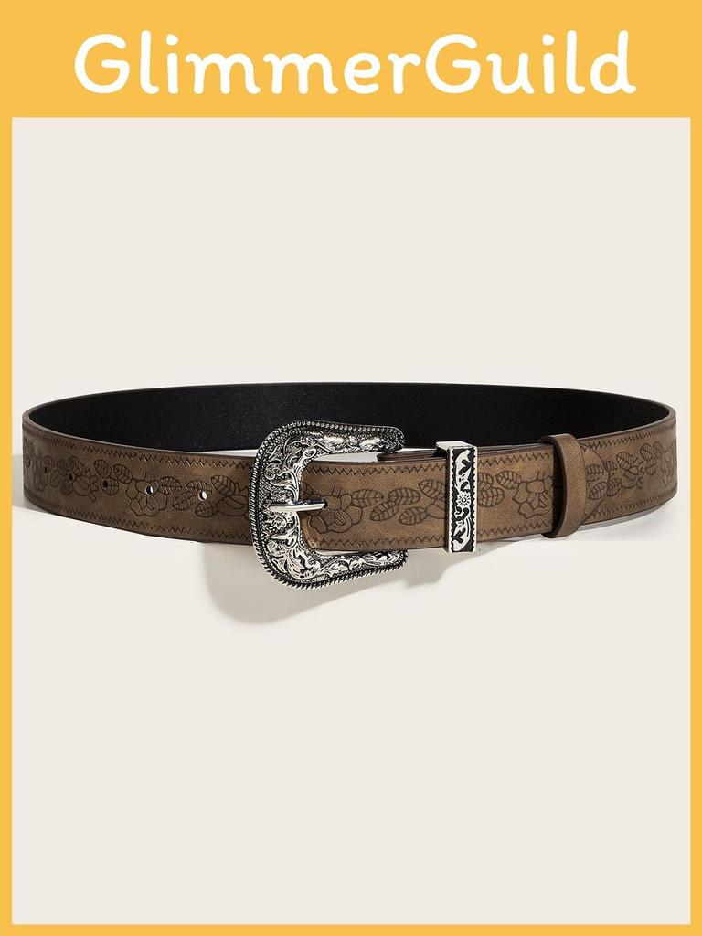 European And American Style Brown Textured Unique Pin Buckle Belt With Special Printed Floral Pattern Unisex 103cm