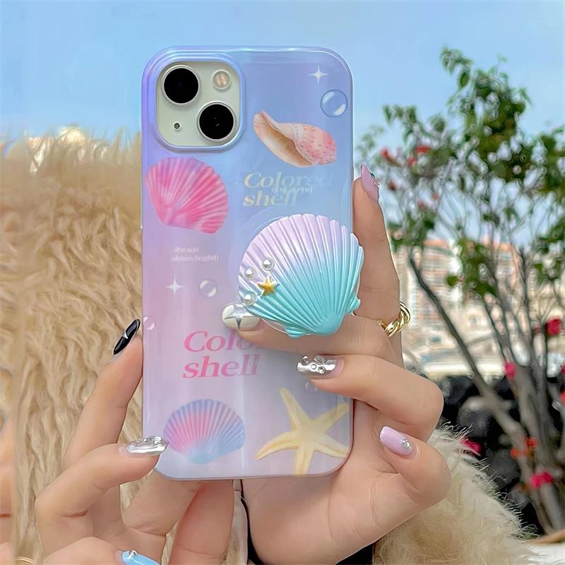 Korean Cute 3D Gradient Seashell Starfish Foldable Stretch Grip Tok Phone Holder Finger Ring Socket Support For iphone 15 14