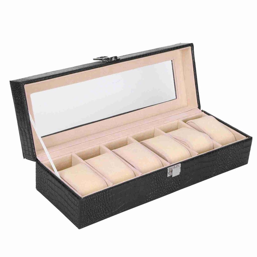 6-Slot Watch Box PU Leather Rectangular Wristwatch Display Case Organizer Gift Black