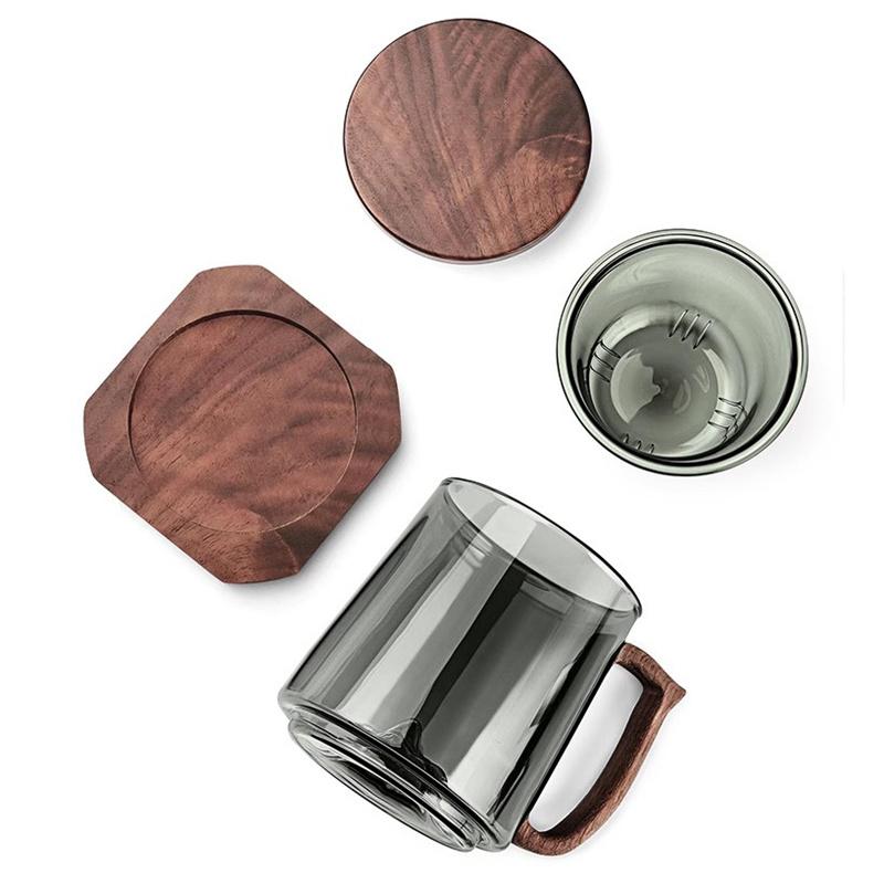 Tea Separation Filtration Glass Tea Cup Wood Handle Coaster Tea Water Separation Container With Infuser Filter Tea Making Cup