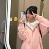 2025 Korean Style Pink Floral Hooded Sweatshirt - Autumn/Winter Loose Fit Velvet-Trim Cardigan