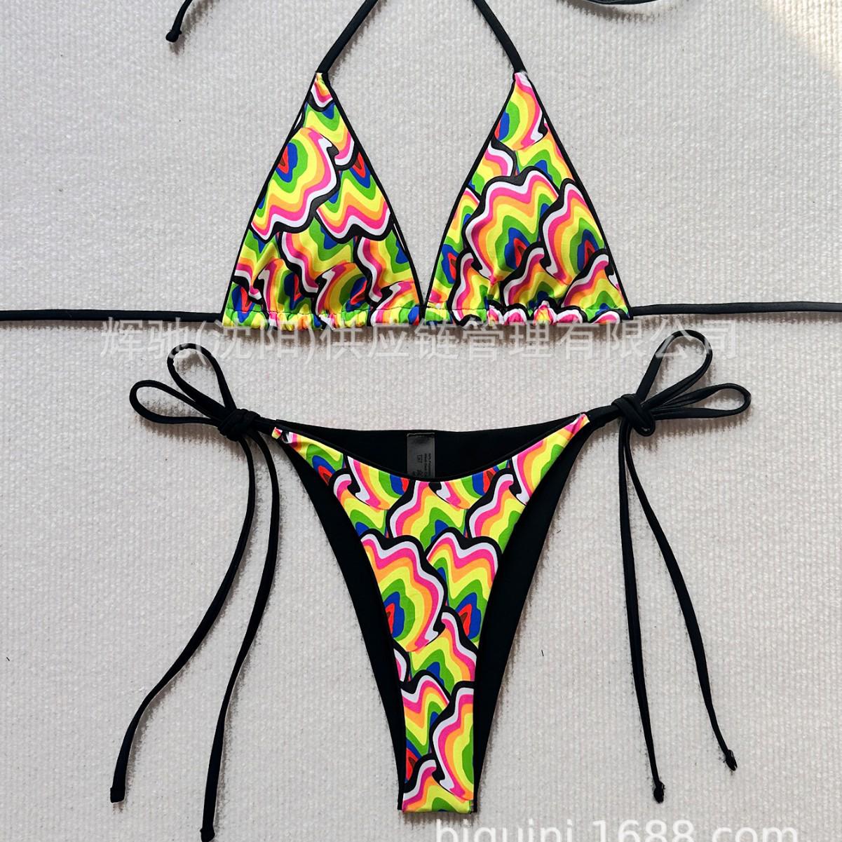 

New Women s European & American Color Block Double Layer Thin Strap Thong Bikini Small озеро синього кольору
