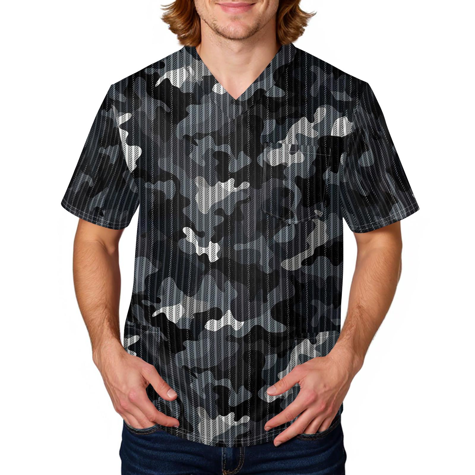 

Men’s Short Sleeve V Neck Scrub Top with Digital Camouflage Print Relaxed Fit Functional Pockets Durable Material XL