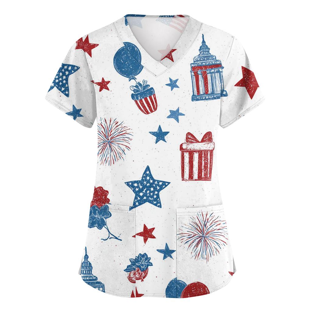 Women's Fashionable V-Neck Short-Sleeved Work Top With Pockets And Independence Day Print  Uniform