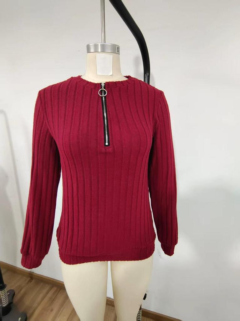 2026 Women's Knit Ribbed Solid Color Zipper Long Sleeve Top for Autumn & Winter