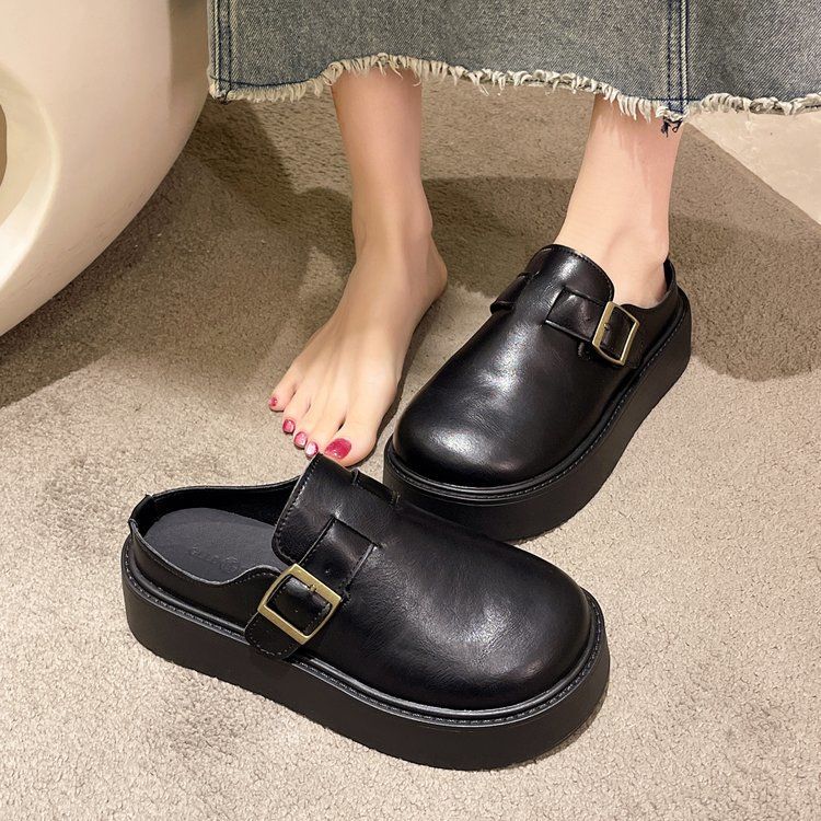 Thick-soled Muffin Birken Shoes, Leather Bag Head, Half-drag Women's Outer Wear 2025 New Spring and Autumn One-pedal Birken Slippers