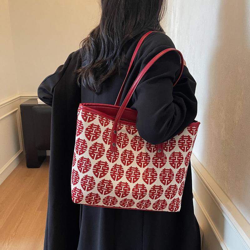 Fabric Happy Word Large Capacity Women's Handbags Natial Style Bride Bag 2026 Fashi Bags for Women Temperament Shoulder Bag