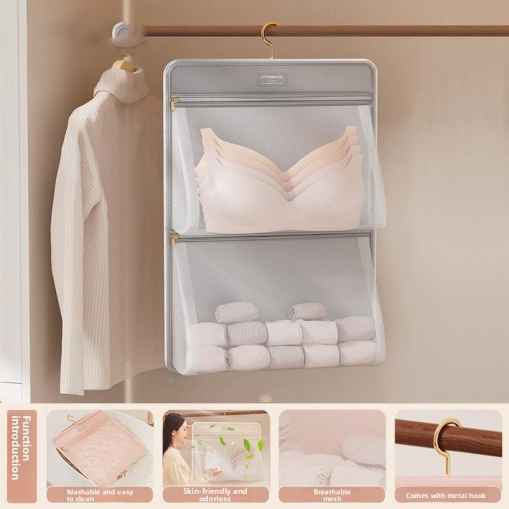 with Zipper Multi-layer Socks Hanging Bag Breathable Socks Storage Organizer  Travel Grey Double Layer