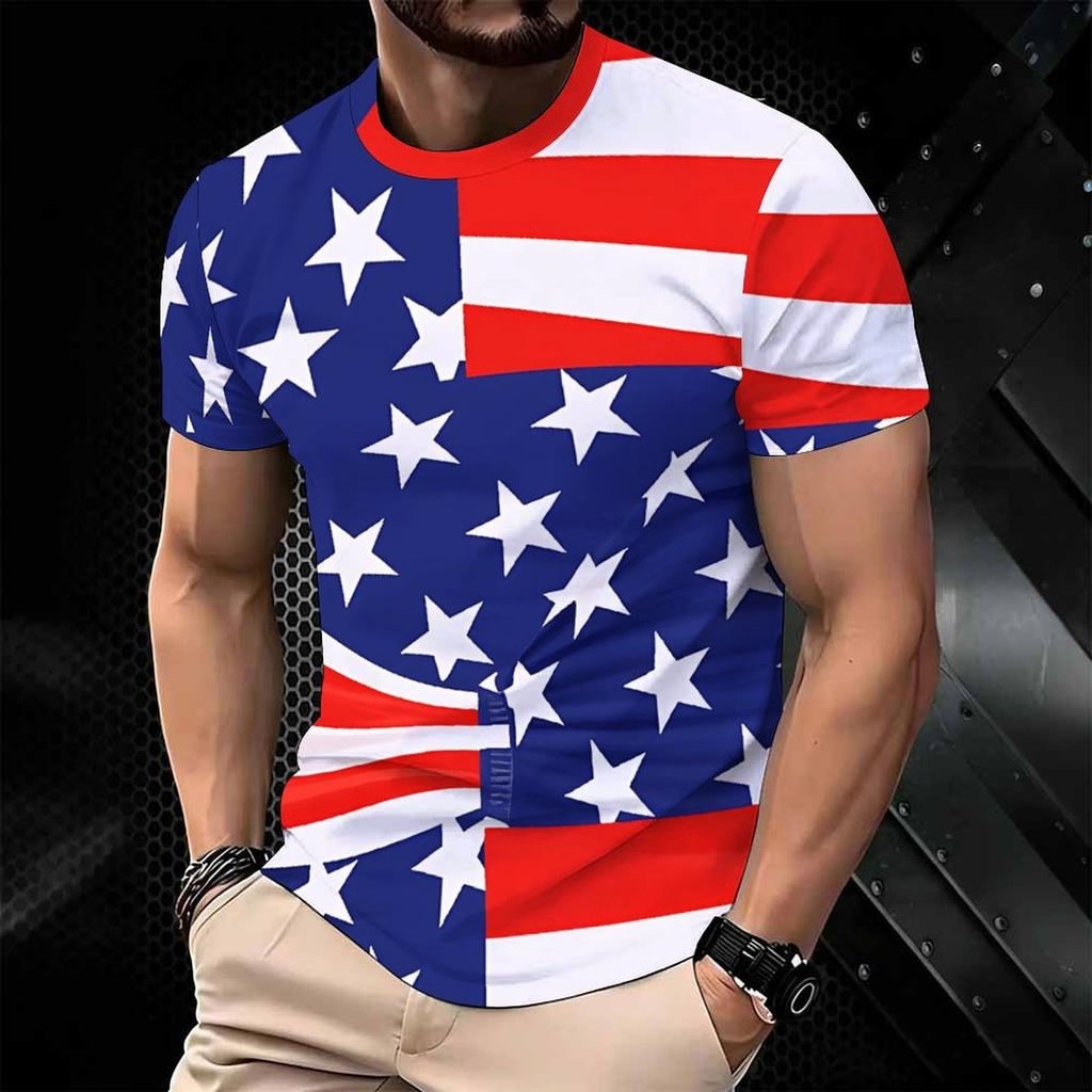 Women Short Sleeve Crew Neck T Shirt Red White Blue American Flag Star Stripe Print Top