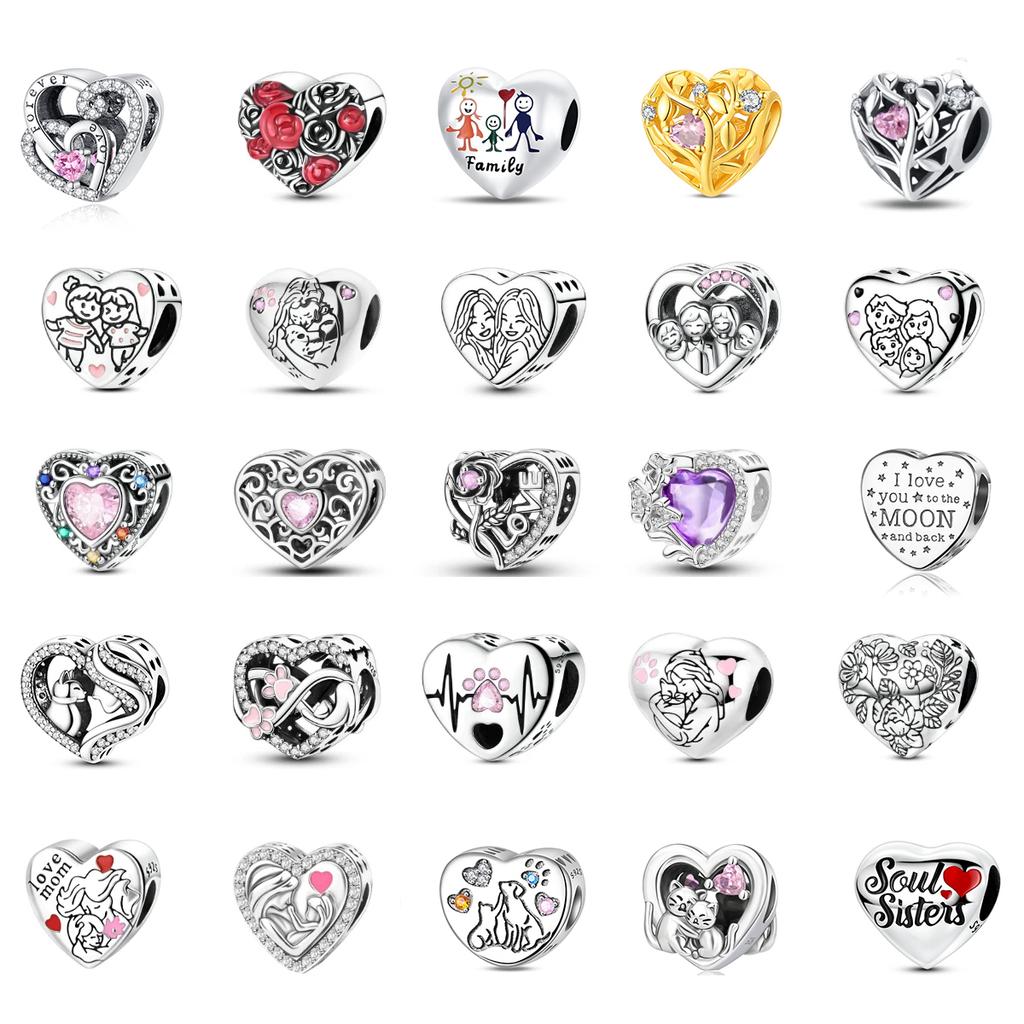 Affascinante Bracciale Collana con Perline a Forma di Cuore in Argento 925 Amore Familiare Impronta di Zampa Animale Adatto alle Donne Regali Fai da Te per le Feste