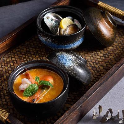 Keramische Kom met Deksel Creatief Patroon Dikke Soepkom Gestoomde Eierkom Dessertkommen Snackkommen Restaurant Speciaal Servies
