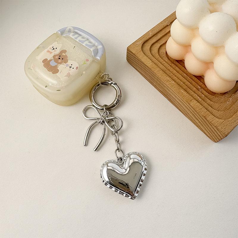 Ins Style Silver Heart Key Chain Alloy Bowknot Phone Pendant Headphone Case Charm Car Key Ring Bag Decor