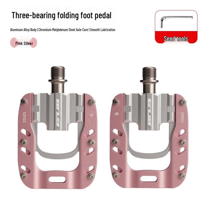 GUB ZD001 Folding Bicycle Pedals, Three-Bearing Aluminum Alloy, Universal Fit P8P10D7 розовый/серебряный