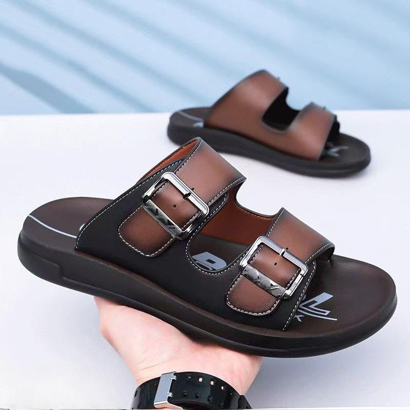 

Fashion Summer New Designer Men‘s Slippers Solid Color Buckle Casual Beach Shoes Male Fashion Soft Sole Outwear Flip Flops Man 44