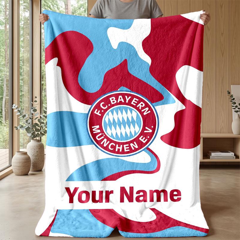 Bayern Munich Custom Name Text Flannel Blanket Soccer Logo Personalized Fleece Throw Blanket Special Gift For Sofa Bedroom Home