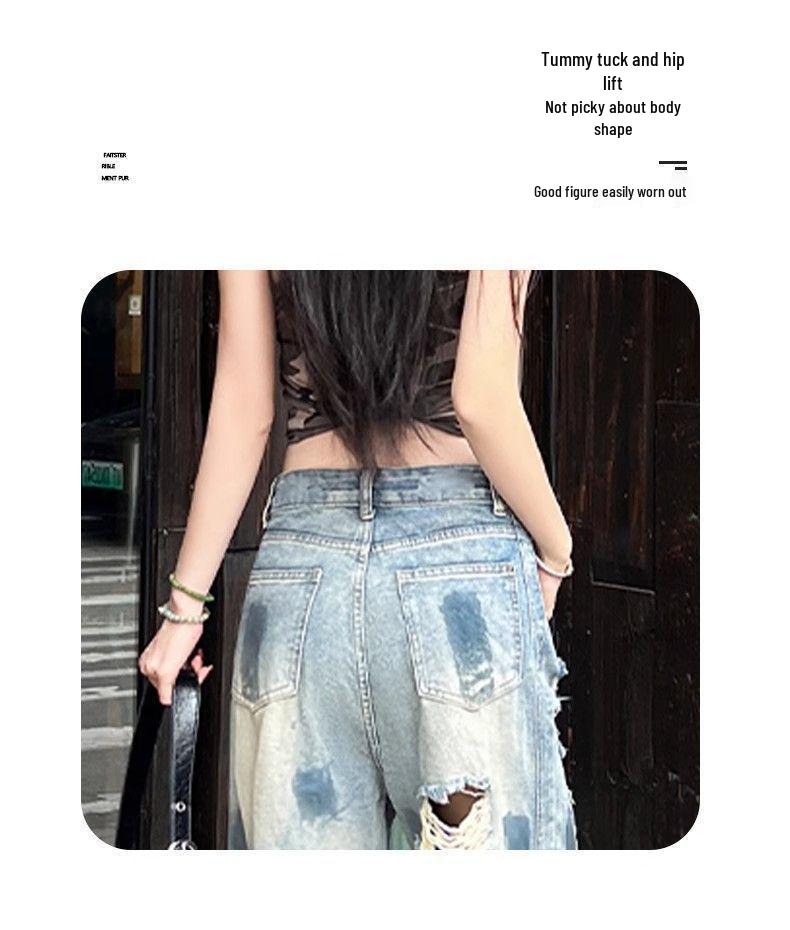 Damen Retro High-Waist Ripped Wide-Leg Jeans - Sommer Dünn & Distressed Bodenlang