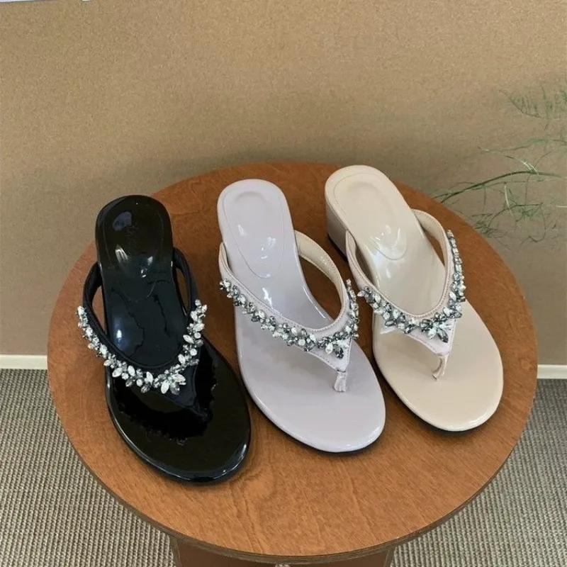 Fashion French Style Purple Thong Thick Heel Sandals Women's Summer Outdoor Beach Slippers Open Toe Comfortable Flip Flops