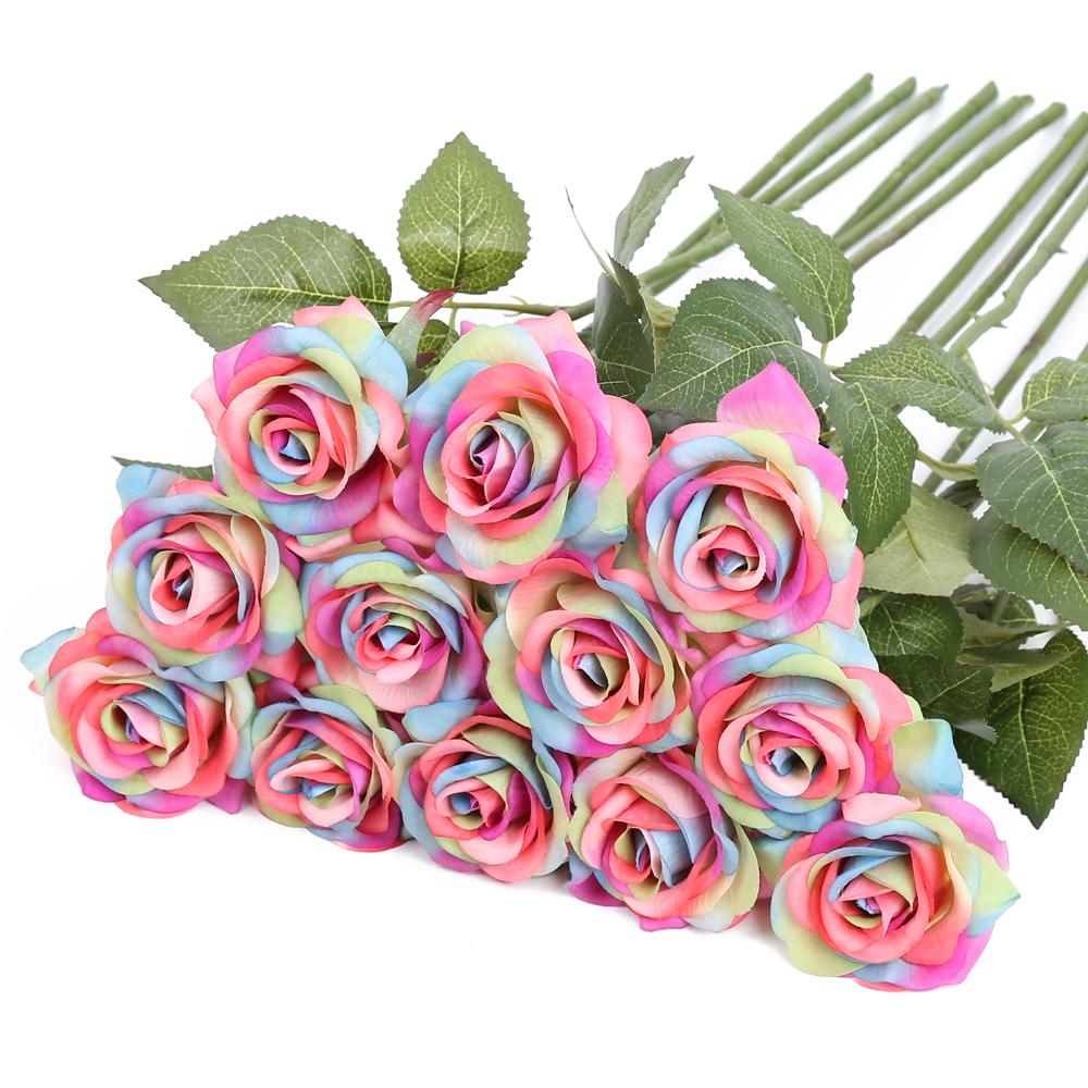 12 Stück Valentinstag Regenbogen Künstliche Rose Blume Echte Haptik Regenbogen Seidenrose Blume Künstliche Rosen für Sträuße Hochzeitsparty Babyparty Heimdeko