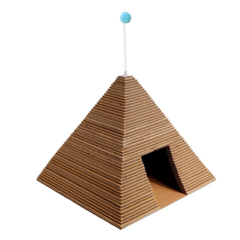 

3D Pyramid Cat Bed Elevated Scratching Board with Free Spring Teaser Toy Playable Sleeping Pet Bed XS（old）