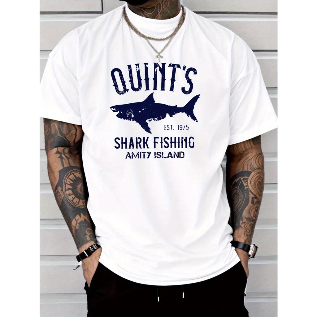 Men's Amity Island Shark 1975 Design T-Shirt - Lightweight Breathable Polyester Crew Neck Tee with Iconic Shark Logo
