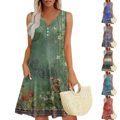 Womens Summer Dresses Loose V Neck Sleeveless Sundresses Dress With Pockets