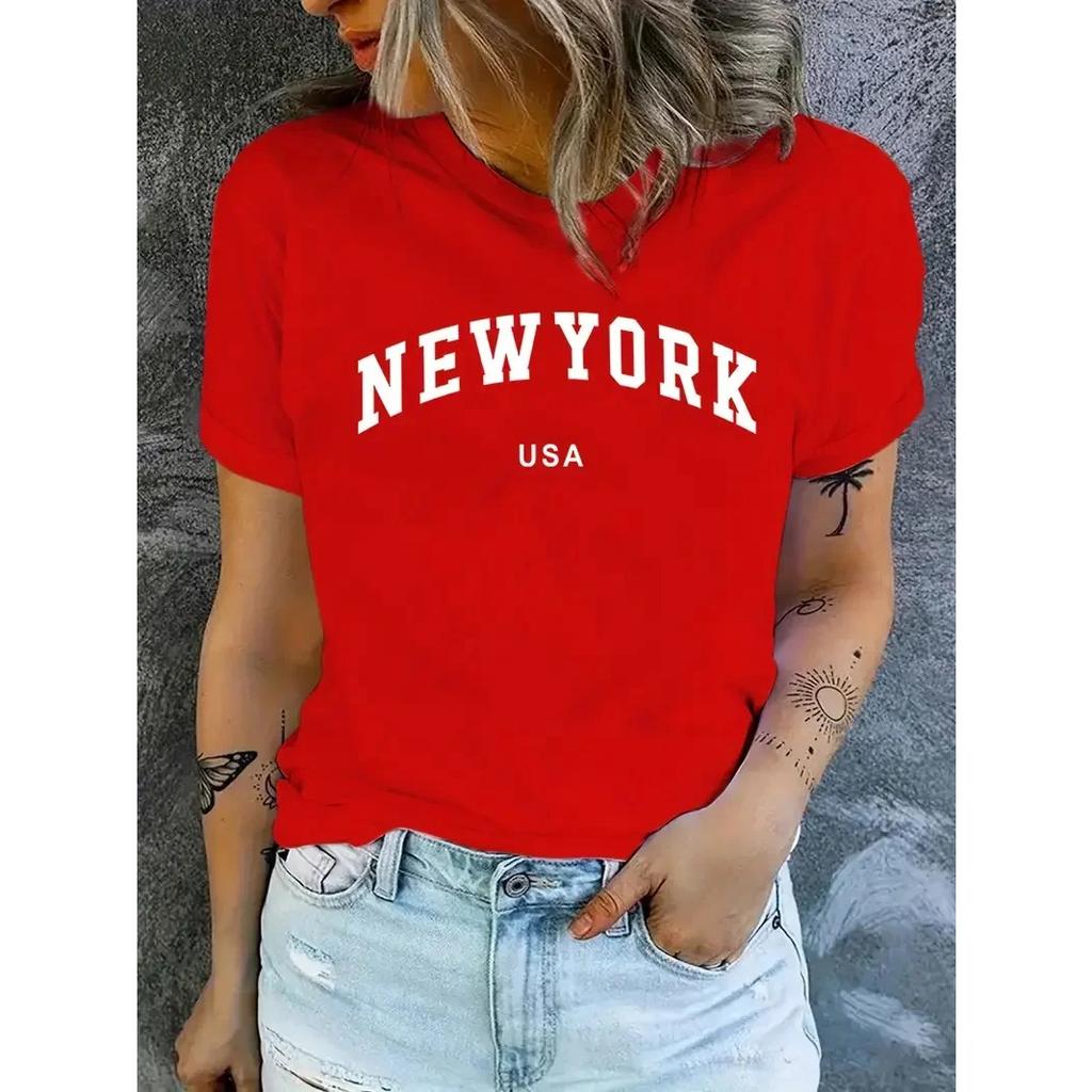NEW YORK USA Letter Graphic Versatile T-shirts, Fashion Loose Casual Sports Summer Crew Neck Short Sleeved Top, Women's Tops