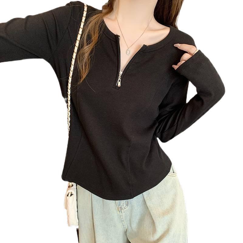 2026 Spring Plus Size Women's Korean-Style Half-Zip Slimming Long-Sleeve Top