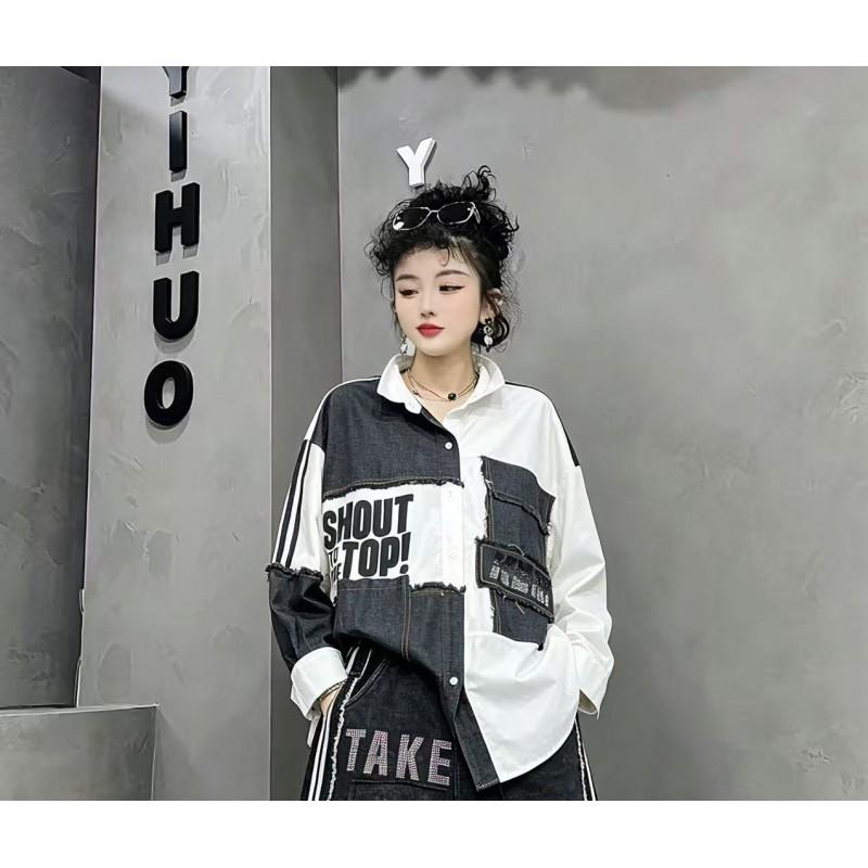 Womens Denim Shirt 2026 Street Style Polo Collar Long Sleeve Irregular Mid-Length Top With Letter Print