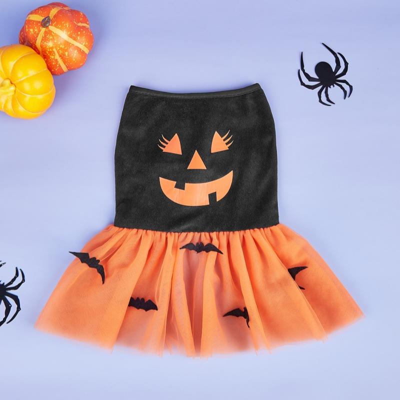 

Halloween Pet Pumpkin Dress with Bat Accents, Black & Orange Tulle Clothes for Small Dogs, Pets Tulle Skirt Outfit Festive Party M