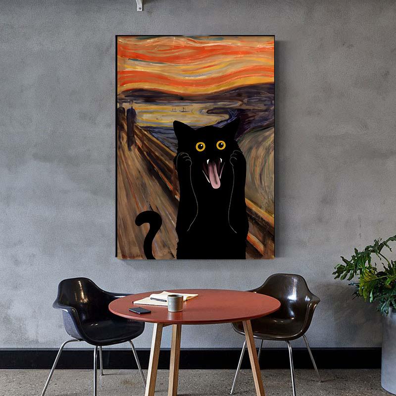 The Scream Black Cat Portrait Lustige Kunst Leinwand Malerei Abstrakte Schwarze Katze Poster Und Drucke Cuadros Wandkunst Für Wohnzimmer