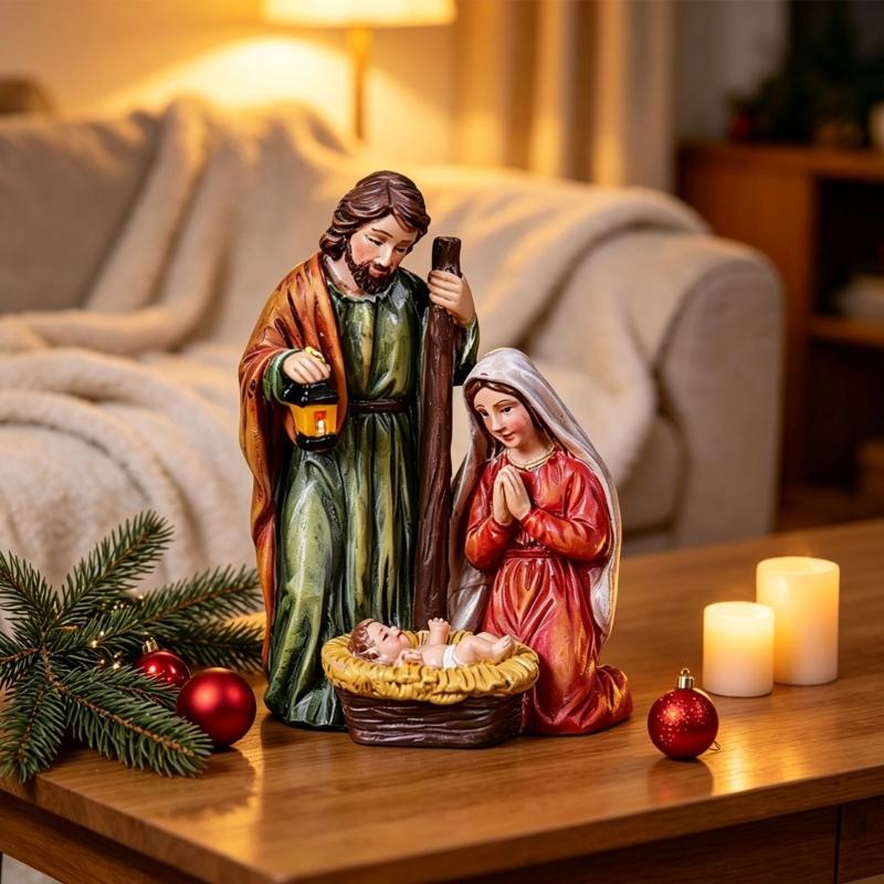 Tabletop Christmas Nativity Scene Decors, Hand-Painted Resin Holy Family Figurine for Christian Religious Mantels Shelf Church Holiday Display