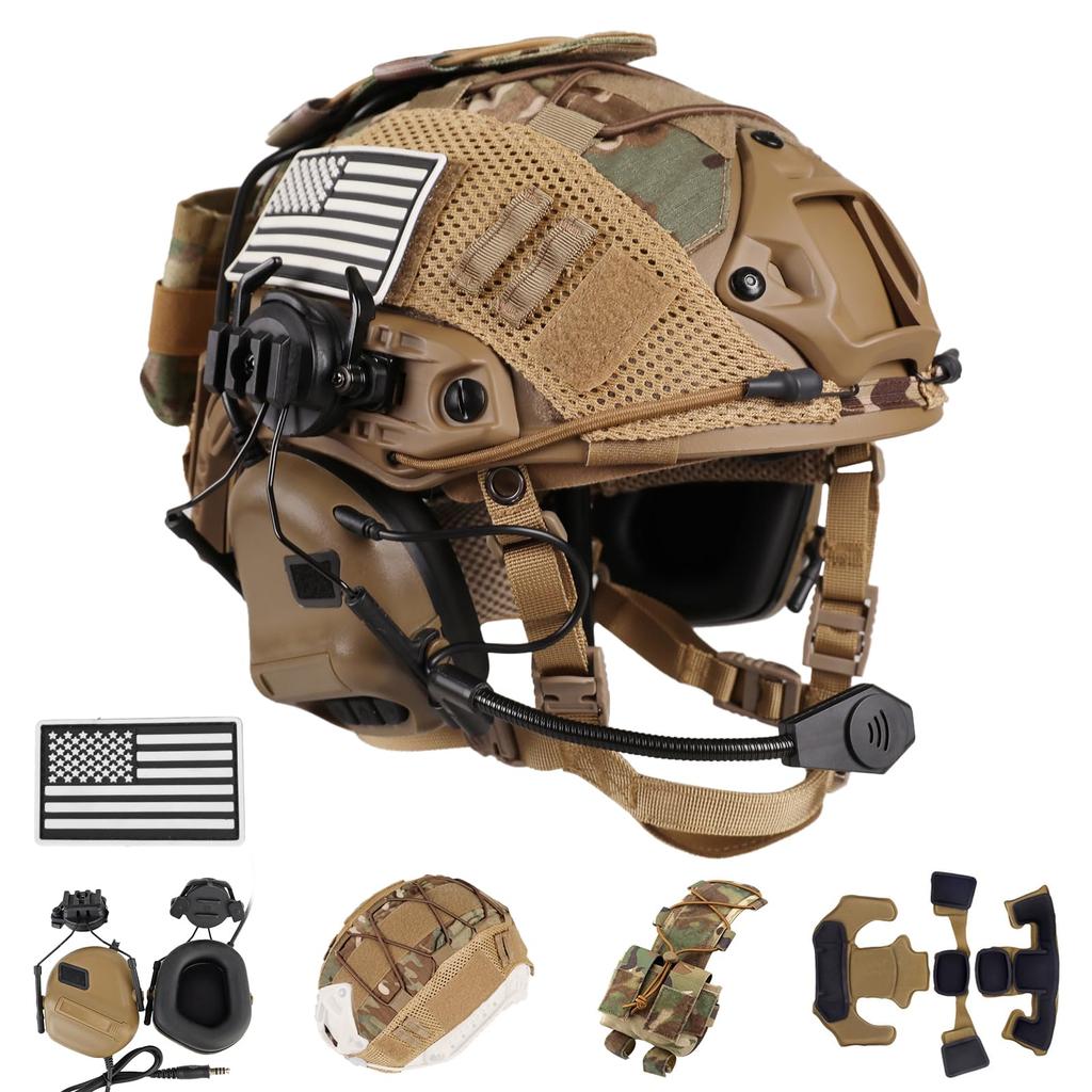 Set Casco Tattico Casco Protettivo Regolabile FAST con Cuffie Luce Sopravvivenza Modello NVG Luce Segnalazione per CS Airsoft Cosplay