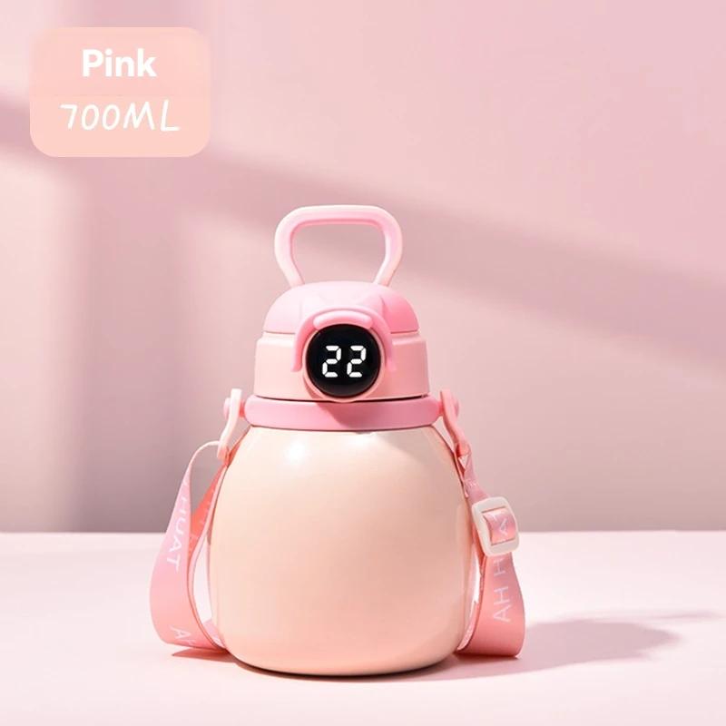 700ML Temperature Display Thermos Mug With Straw Portable Vacuum Flasks With Strap Fashion Cute Thermal Bottle Tumbler Day Gift