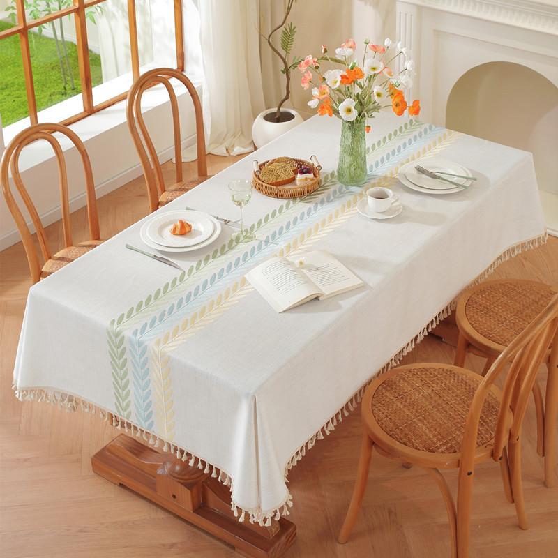 Embroidered Plaid Flower Tassel Tablecloth Rectangular Coffee Table Anti-fouling Decorative Tablecloth Tablecloth