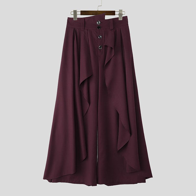 INCERUN Men's Style Punk Wide Leg Trousers Gothic Loose Ruffled Casual Skirt Pants Streetwear Bottoms