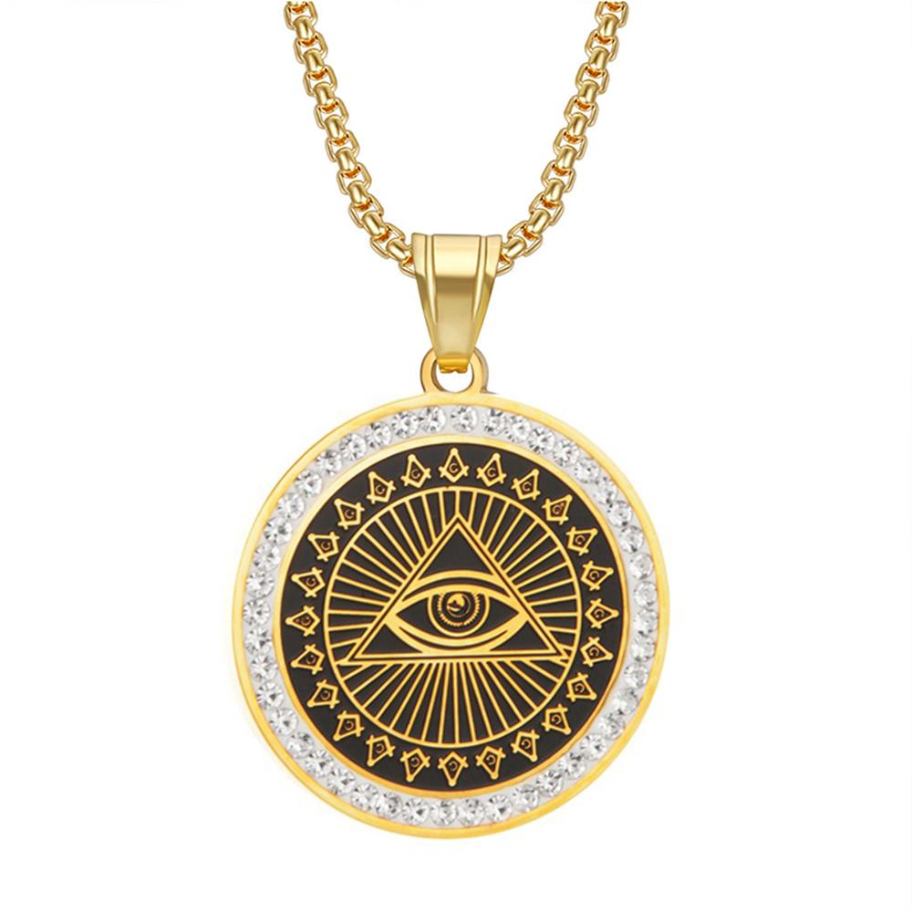Hip Hop Iced Out All See Eye Pendant Male Gold Silver Color Stainless Steel Round Necklace For Men Masonic Jewelry Birthday Gift