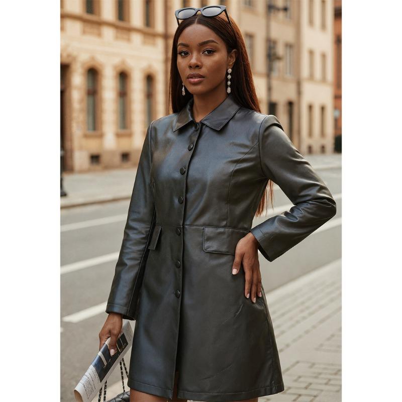 Autumn Winter Polo-neck Solid PU Leather Single Breasted Coat Women All-match Cardigan Jacket Top Outwear