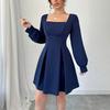 Fashion Loose A-line Mini Dress for Women Autumn Winter Soft Square Neck Bodycon Dress Long Sleeve Office Lady Navy Blue Dresses