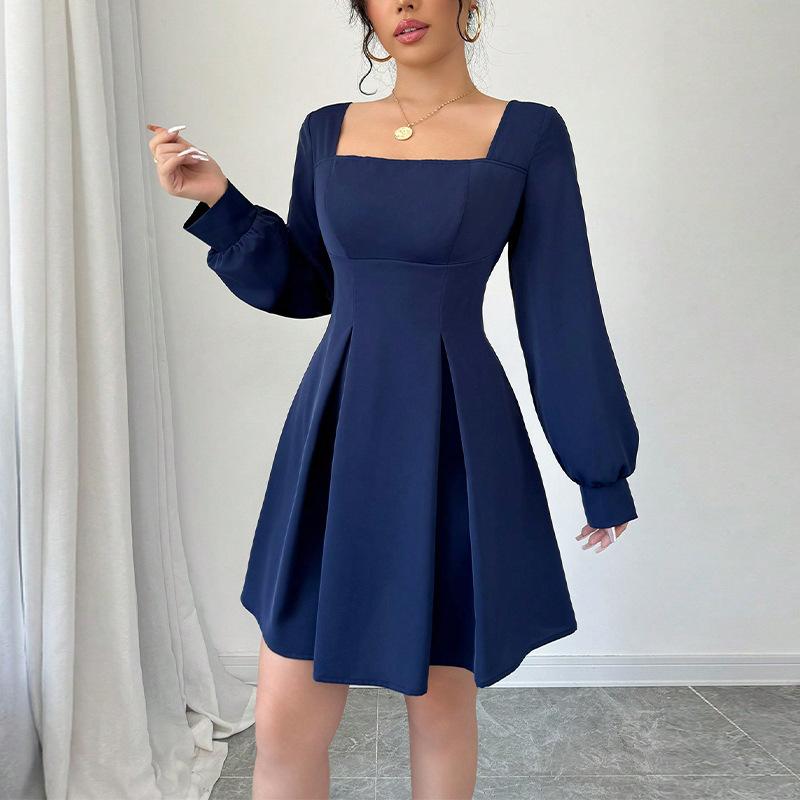 Fashion Loose A-line Mini Dress for Women Autumn Winter Soft Square Neck Bodycon Dress Long Sleeve Office Lady Navy Blue Dresses