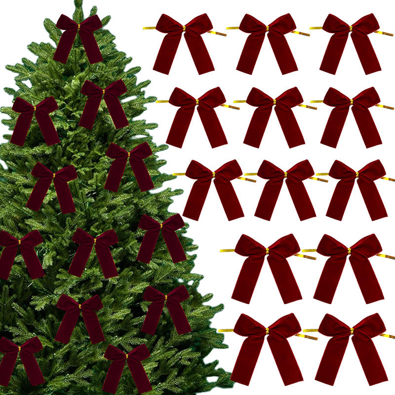 Red Velvet Bow Xmas Tree Pendant Xmas Tree Pendant Wedding New Year Party Decor DIY Gift Box Wrapping Christmas Bow