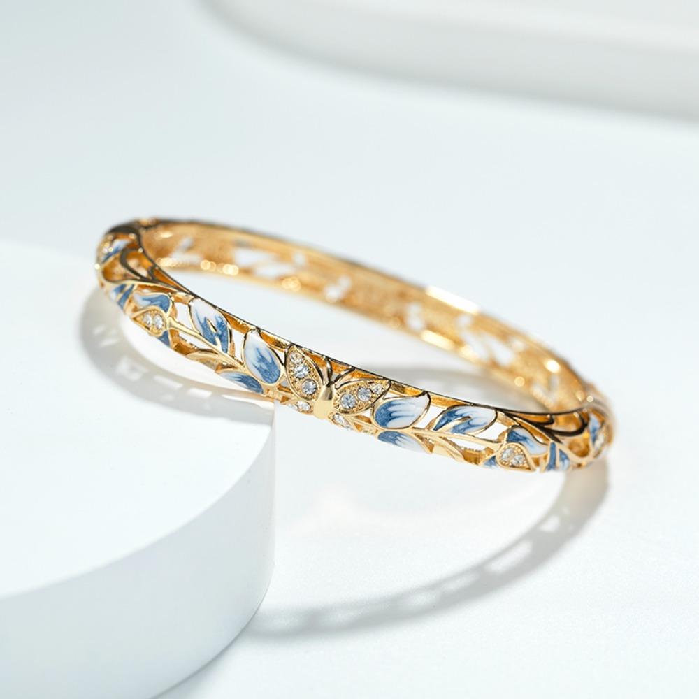 Shiny Vintage Cloisonne Bangle Ethnic Hollow Out Flower Bangle Drip Oil Enamel Bracelet  Girls