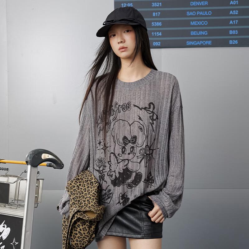 UNIFREE Women s Loose Knit Cartoon Print Long Sleeve T-Shirt L