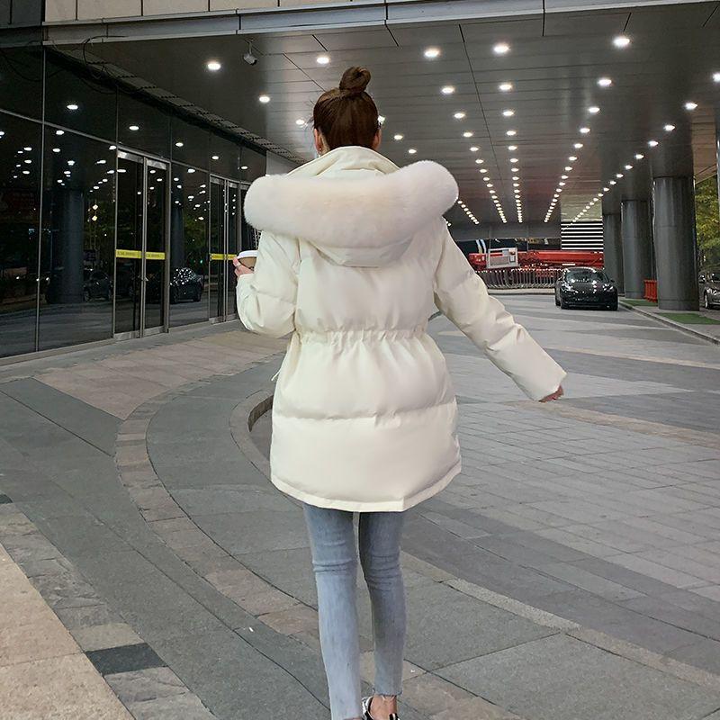 Women Padded Coat Faux Fur Collar Hooded Parkas Korean Big Size Cotton Jaqueta Waist Drawstring Midi Lenght Jackets
