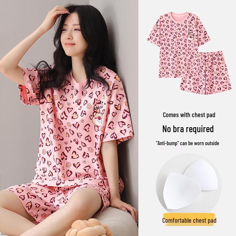 Women's Summer Modal Pajamas: Short Sleeve, Thin Style, with Chest Pads, Round Neck – Sweet Student Homewear