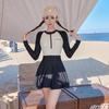 Swimsuit Women Long Sleeve One Piece Patchwork Monokini Push Up Korean Style Bathing Suit Swim Dress Zipper Uv Protection
