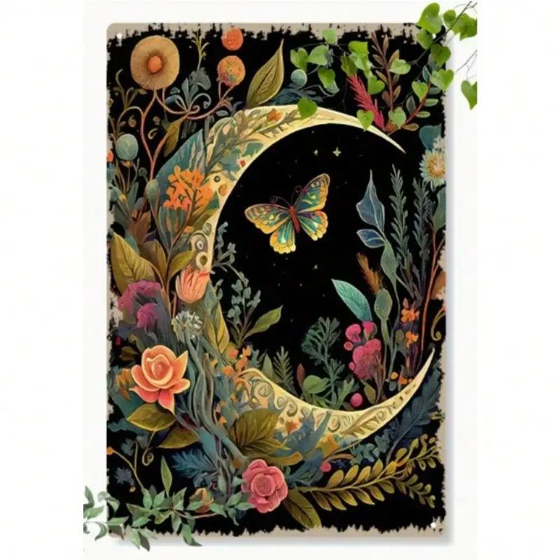 Bohemian Vintage Moon Butterfly Floral Metal Wall Art Rustic Home Decor