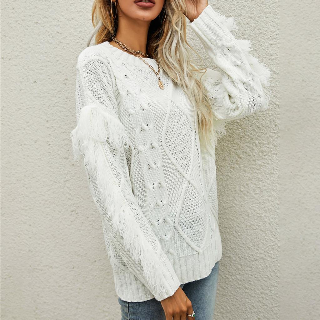 Women's Sweater Casual Round Neck Knit Solid Color Long-sleeved Tassel Pullover